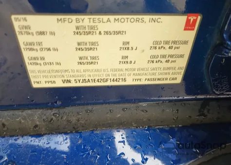 2016 Tesla Model S 90D/P100D/P85D/P90D from USA, damaged, VIN 5YJSA1E42GF144216